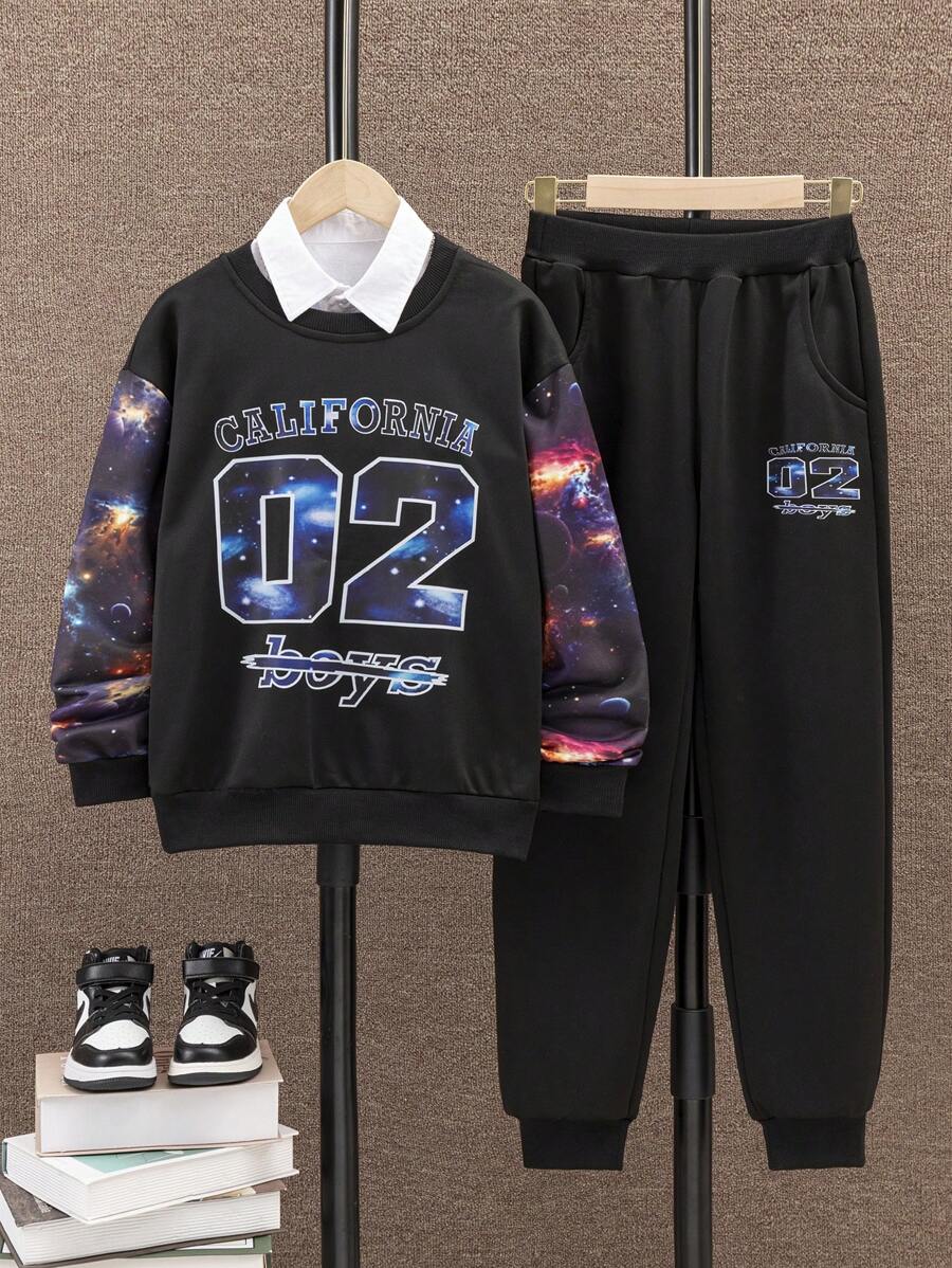 男孩銀河字母印花運動服套裝 - 黑色 - 查看 1
