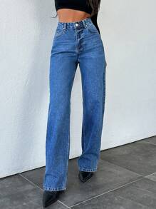 EURMUSE 高腰直腳牛仔褲,具有洗滌效果 - 中等水洗藍 - 查看 5