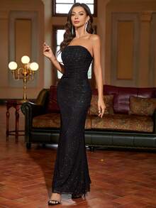 PARTHEA 鱼骨褶皱亮片网纱无肩带长裙，优雅大方，适合鸡尾酒会、半正式舞会、婚礼宾客着装，也适合生日、毕业典礼、晚宴、返校派对等场合，春季黑色 - 黑色 - 查看 4