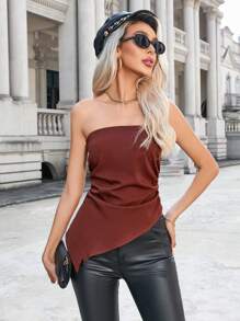 GENKIRA 純色後拉鍊不對稱下擺背心上衣 - 棕色 - 查看 1