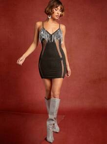 Hauture 亮片网眼水钻流苏连衣裙 - 黑色 - 查看 6