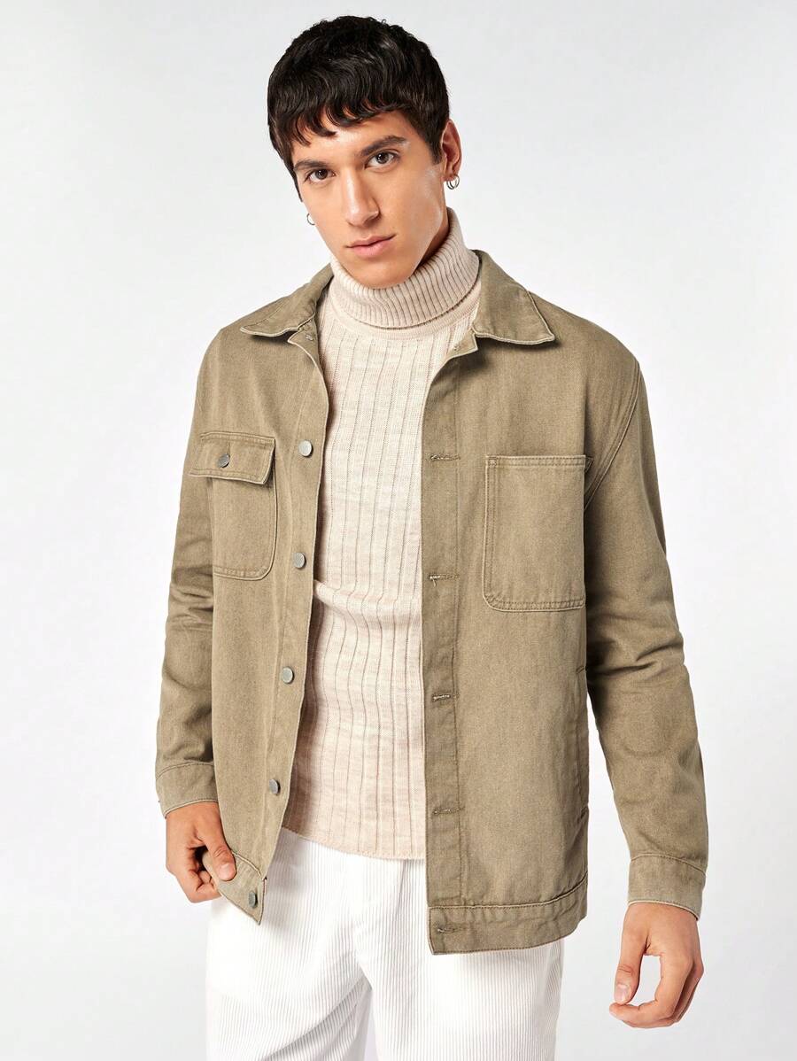 GENTILAND Chaqueta de mezclilla de botones para hombre con bolsillos frontales - Caqui - Ver 1