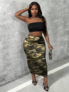 Slaydiva Camo Print Elastic Waist Pencil Skirt - Multicolor - View 3