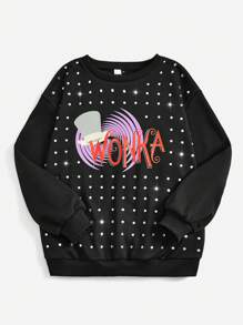 Willy Wonka and the Chocolate Factory X SHEIN Plus Polka Dot & Letter Graphic Drop Shoulder Pullover