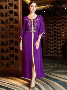 Al Najma Contrast Binding Batwing Sleeve Turkish And Arabic Traditional Kaftan - Purple - View 1