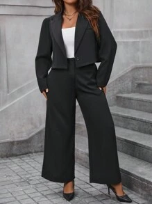 Calvaya 大碼女性黑色短西裝外套&闊腿褲套裝