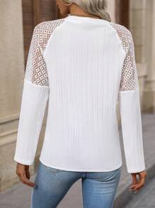 SHEIN LUNE Của phụ nữ Chèn Lace Tay Raglan Áo sơ mi - trắng - Xem 2