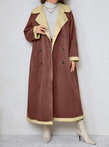 Calvaya Plus Size Double-breasted Long Coat With Velvet Lining - Brown - View 4