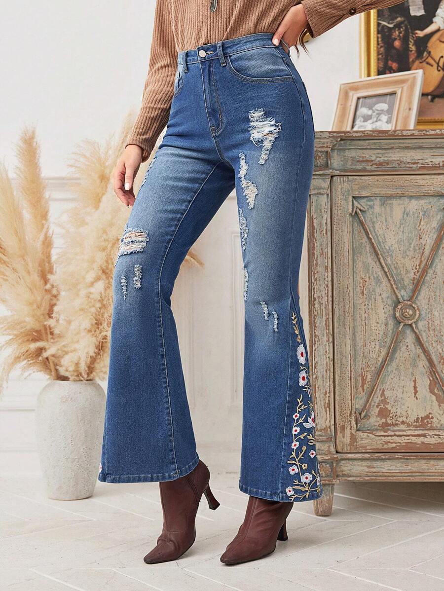 SHEIN LUNE Thêu hoa Rách Quần ống loe - Màu xanh lam - Xem 1