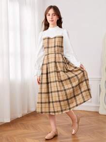 SHEIN 青少年女孩格紋印花荷葉袖洋裝不附腰帶