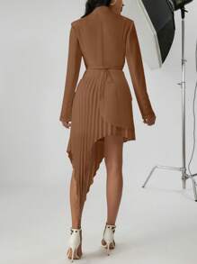 SHEIN Privé 2pcs/Set Tie Front Blazer And Asymmetrical Hem Skirt Suit - Brown - View 7