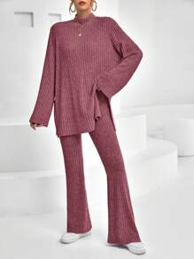 SHEIN Essnce 女士兩件套裝 - 酒紅色 - 查看 5