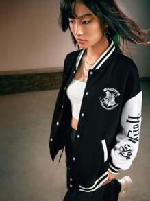 Harry Potter | ROMWE Letter Print Contrast Drop Shoulder Baseball Jacket, School
