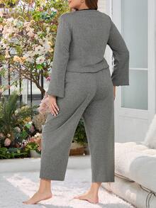 Plus Contrast Binding Bow Front PJ Set / Pajama Set - Dark Grey - View 2