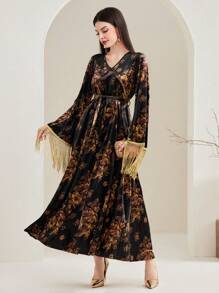 Al Najma 流苏细节花卉印花束带连衣裙 - 彩色 - 查看 4