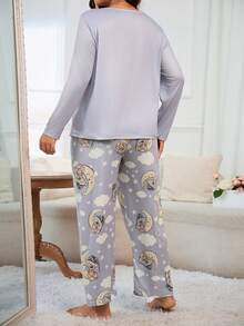 大尺寸卡通印花家居服套裝 - 灰色 - 查看 3