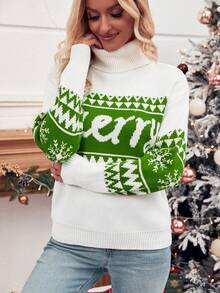 SHEIN Frenchy Của phụ nữ Cổ cao Áo len giáng sinh Với Lá thư & Họa tiết Hình học - màu xanh lá - Xem 4