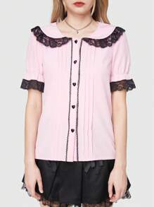 ROMWE Kawaii 女性蕾絲邊裝飾的粉紅色鈕扣前衣服 - 粉色 - 查看 2