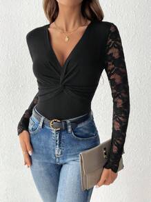 SHEIN Frenchy Women's Deep V-neck Lace Patchwork Twist Knot Detail Top - Black - View 5