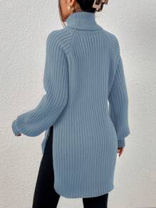 EURMUSE Turtleneck Raglan Sleeve Split Hem Sweater - Blue - View 2