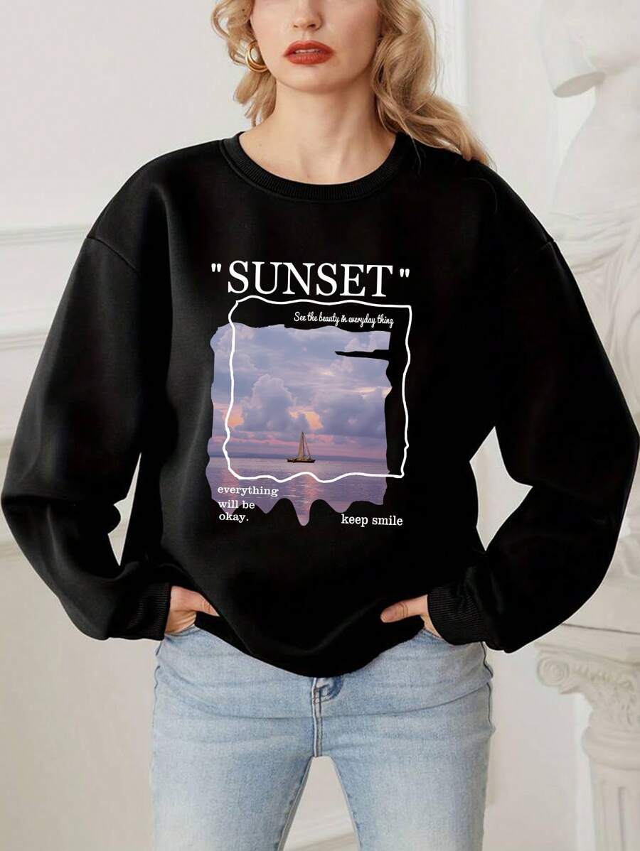 SHEIN EZwear Sea & Slogan Printed Drop Shoulder Sweatshirt - Black - View 1