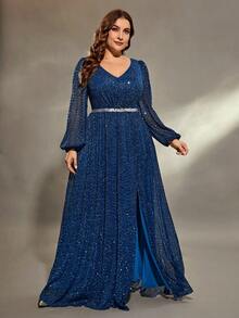 Plus Size Women V-Neck Lantern Sleeve Ruched Bust, Metallic Waist Band Sequins Split A-Line Maxi Dress - Blue - View 4