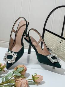 時尚女性高跟鞋尖頭涼鞋帶水鑽裝飾用品 - 墨綠色 - 查看 4