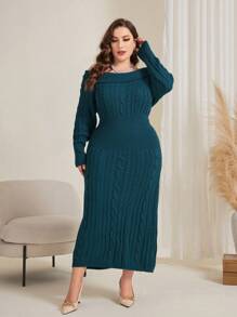 Modelyn Women's Plus Size Off Shoulder Cable Knit Sweater Dress