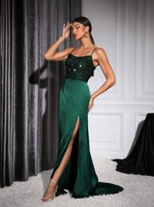 Allurite 女式亮片高開衩吊帶連身裙 - 綠色 - 查看 4