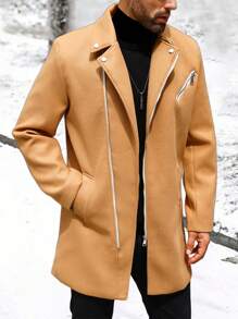 Manfinity Homme Men's Zipper Overcoat For Winter Daily Wear - Camel - View 3