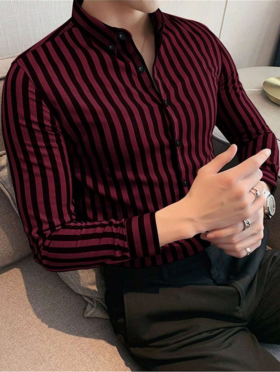 Manfinity Mode Men's Striped Long Sleeve Shirt, Fall - Burgundy - View 1