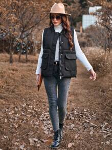 SHEIN LUNE Women's Sleeveless Jacket With Flap Pockets And Baseball Collar Design - Black - View 6