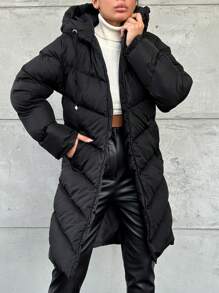 EURMUSE Solid Color Drawstring Hooded Zipper Decor Casual Padded Jacket - Black - View 5