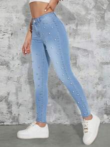 Pantalones sexys ajustados decorados con remaches de perlas - Lavado ligero - Ver 4