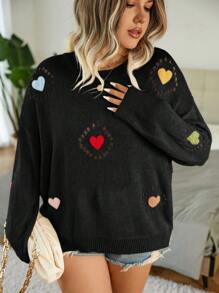 Calvaya 加大码爱心刺绣落肩圆领针织套头衫秋冬毛衣 - 黑色 - 查看 3
