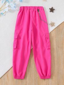 Sparklyn Pantalones Cargo Para Niñas Con Bolsillos De Solapa, Hebilla, Detalle De Cinta Y Cadena - Rosa Fucsia - Ver 2