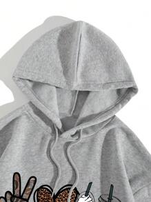 SHEIN EZwear 大尺碼女士豹紋和咖啡圖案心形細節運動衫 - 灰色 - 查看 3