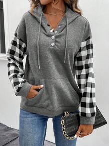 SHEIN LUNE 女士連帽衛衣,格紋圖案和下垂肩袖設計 - 灰色 - 查看 4