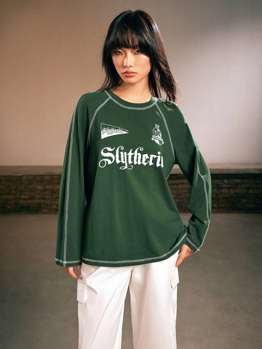 Harry Potter | ROMWE Raglan袖拼接t恤 - 綠色 - 查看 1