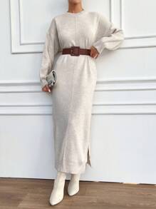 EURMUSE Drop Shoulder Split Hem Sweater Dress - Grey - View 3