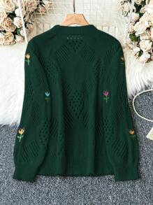 Calvaya Kích thước lớn Thêu hoa Áo len - Màu xanh lá cây đậm - Xem 2