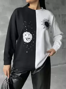 RueChic Sudadera De Talla Grande Con Cuello Alto, Bloque De Colores Y Patrón De Sol - Blanco y Negro - Ver 1
