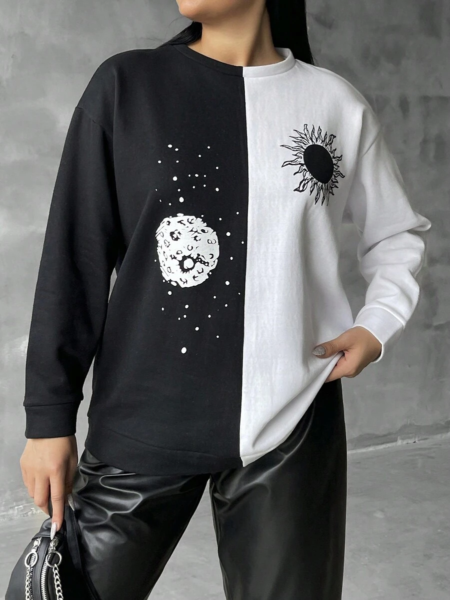 RueChic Sudadera De Talla Grande Con Cuello Alto, Bloque De Colores Y Patrón De Sol - Blanco y Negro - Ver 1