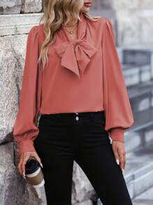 SHEIN LUNE 純色綁帶前裝襯衫 - 紅木色 - 查看 6