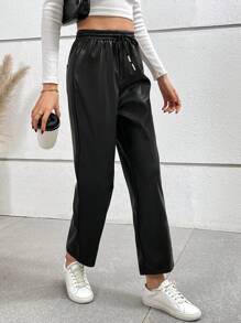 SHEIN Frenchy Eo dây rút Quần chân thẳng - màu đen - Xem 5