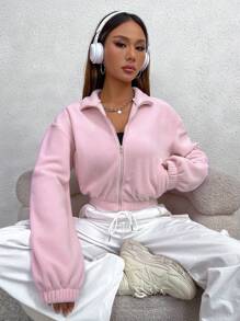 SHEIN Unity 拉鍊開襟落肩短版毛絨衫 - 粉色 - 查看 3