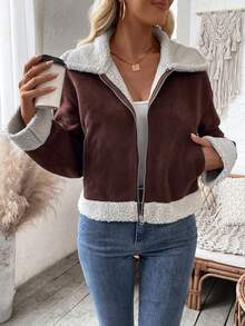 SHEIN LUNE Khối màu Teddy Vòng cổ Áo khoác - Cà phê nâu - Xem 3