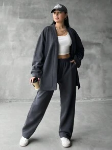 EURMUSE Plus Size Solid Color Casual Jacket And Pants 2 Pieces Set, Autumn/Winter - Dark Grey - View 4