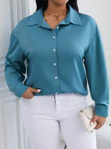 SHEIN Unity Plus Solid Button Front Shirt - Cadet Blue - View 4