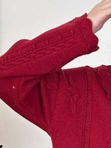 春季新款复古刺绣花卉针织毛衣甜美大翻领设计百搭温柔长袖上衣优雅青春韩版女装时尚 - 酒紅色 - 查看 6